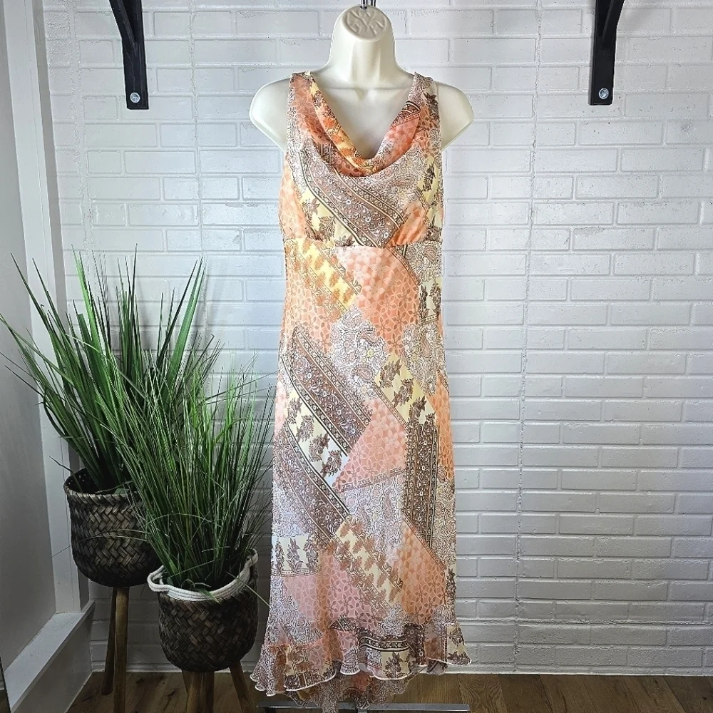 Vintage Y2k Paisley Chiffon Midi Dress size 8 Pastel Orange Cream Pink